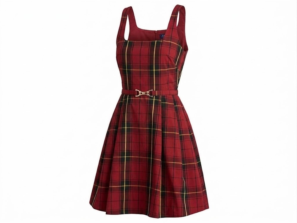 Lauren Ralph Lauren Plaid Belted Taffeta Cocktail Dress Black/Red 12